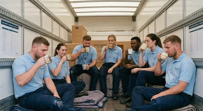 Removals crew taking a tea break in the back of a Real Movers Network lorry